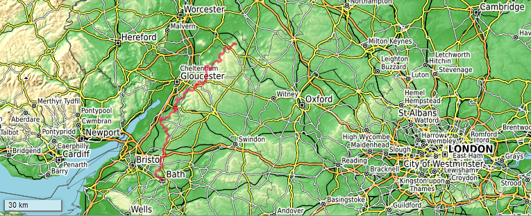 Map showing
    the Cotswold Way with some nearby villages, towns and cities